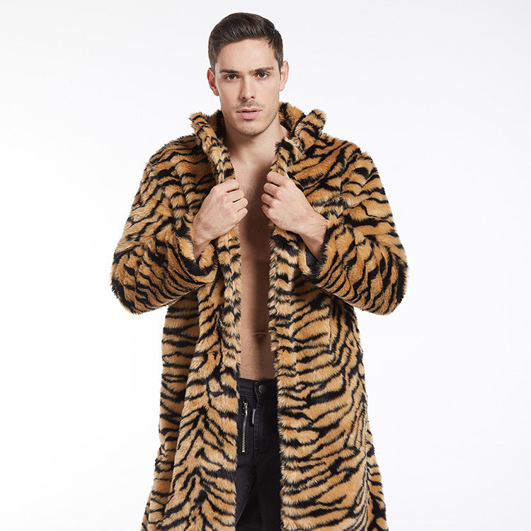 Herren Modischer Kunstpelzmantel mit Tigermuster und großem Kragen R&B