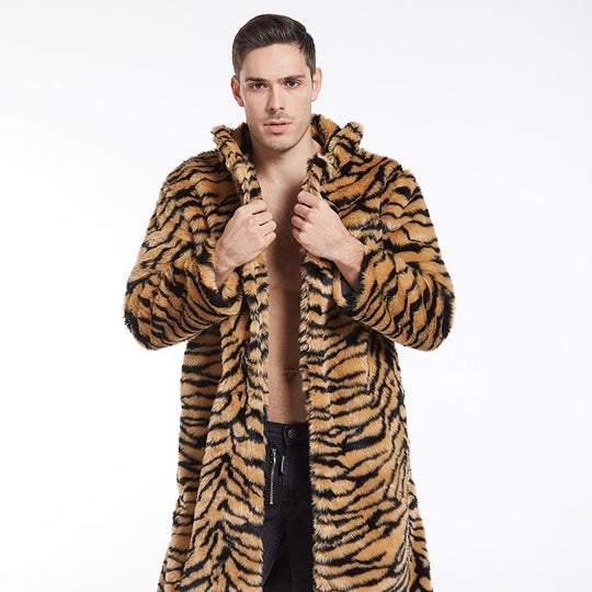 Herren Modischer Kunstpelzmantel mit Tigermuster und großem Kragen R&B