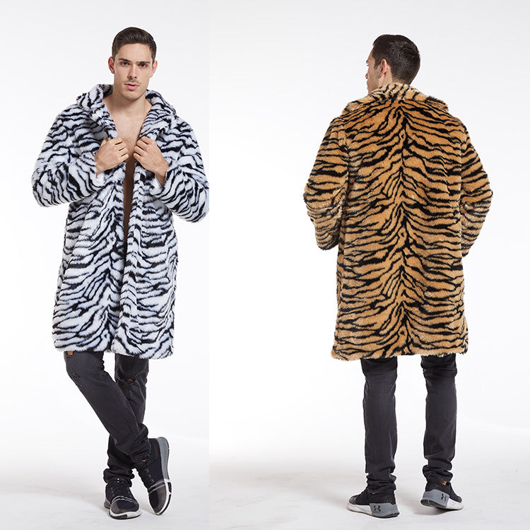 Herren Modischer Kunstpelzmantel mit Tigermuster und großem Kragen R&B