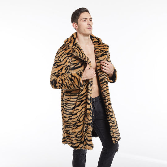 Herren Modischer Kunstpelzmantel mit Tigermuster und großem Kragen R&B