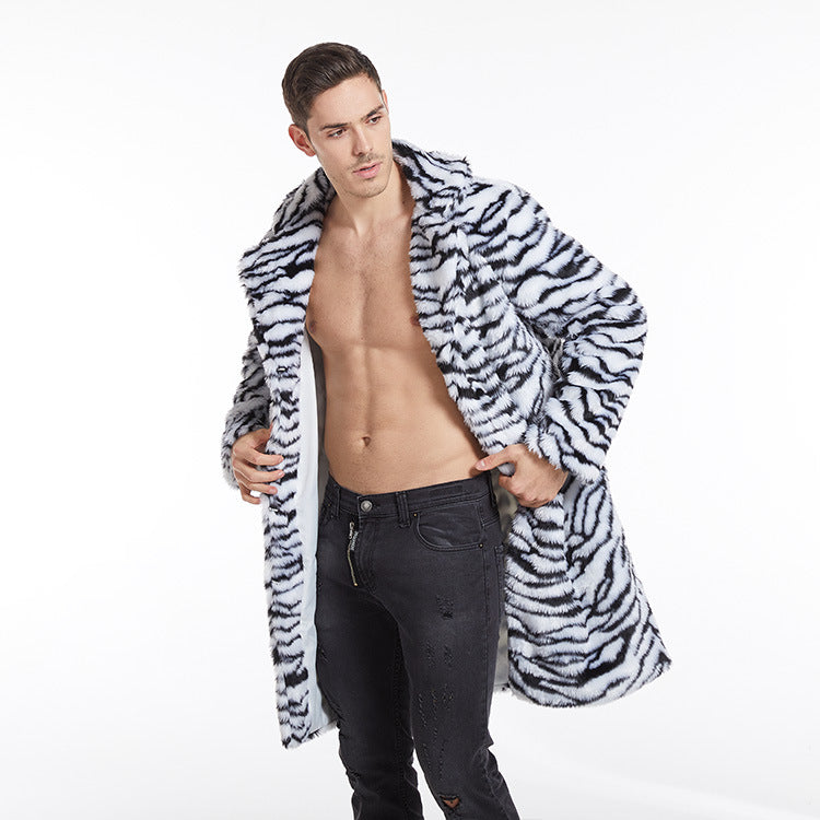Herren Modischer Kunstpelzmantel mit Tigermuster und großem Kragen R&B
