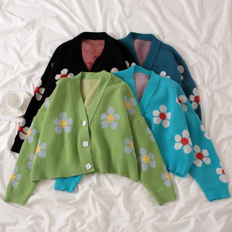 Damen Gemusterter Strickcardigan mit floralem Design und lässigem Schnitt