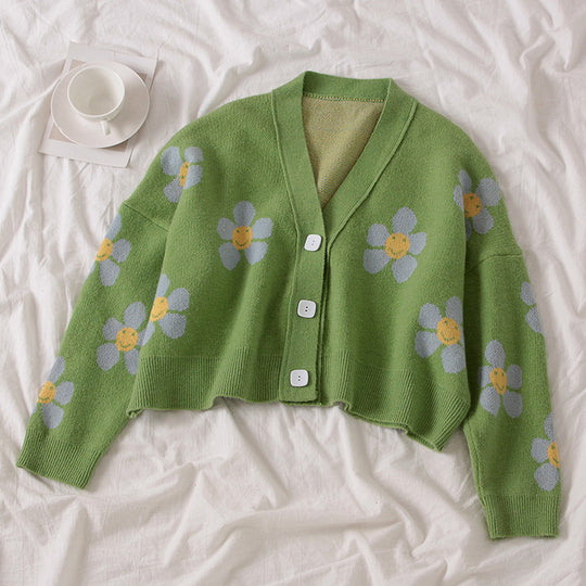 Damen Gemusterter Strickcardigan mit floralem Design und lässigem Schnitt R&B