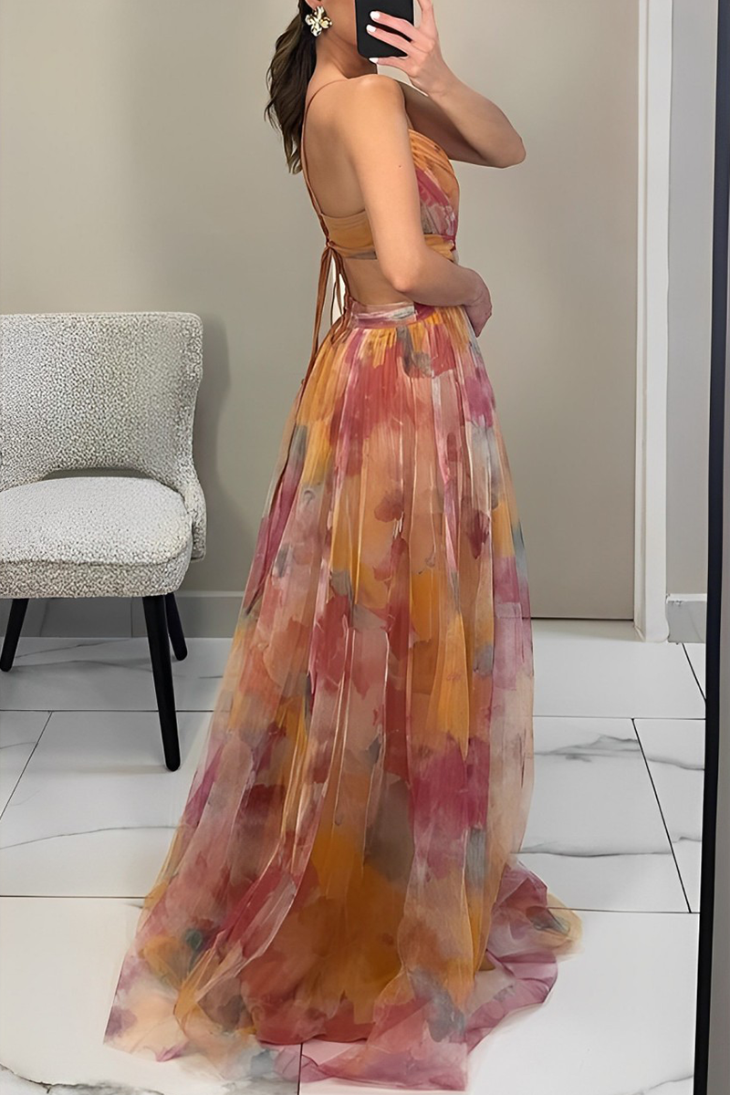 R&B | Sexy Gradient Print Rückenfrei Kontrast V-Ausschnitt Lange Kleider
