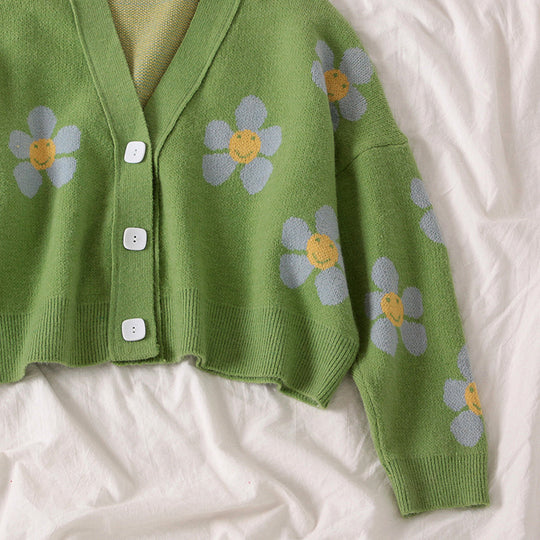 Damen Gemusterter Strickcardigan mit floralem Design und lässigem Schnitt R&B