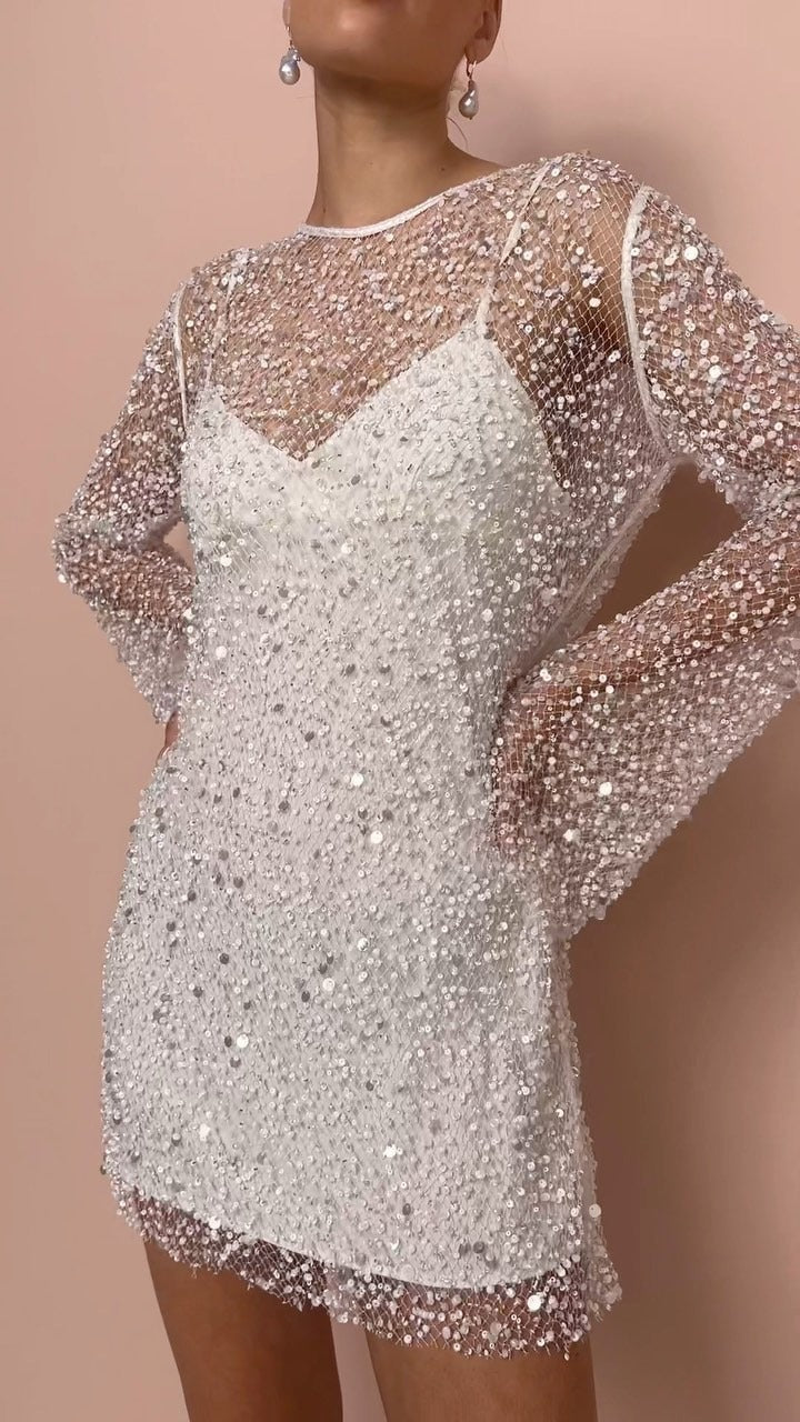 Perlen See-through Mesh Zweiteiliges Set Sling Kleid
