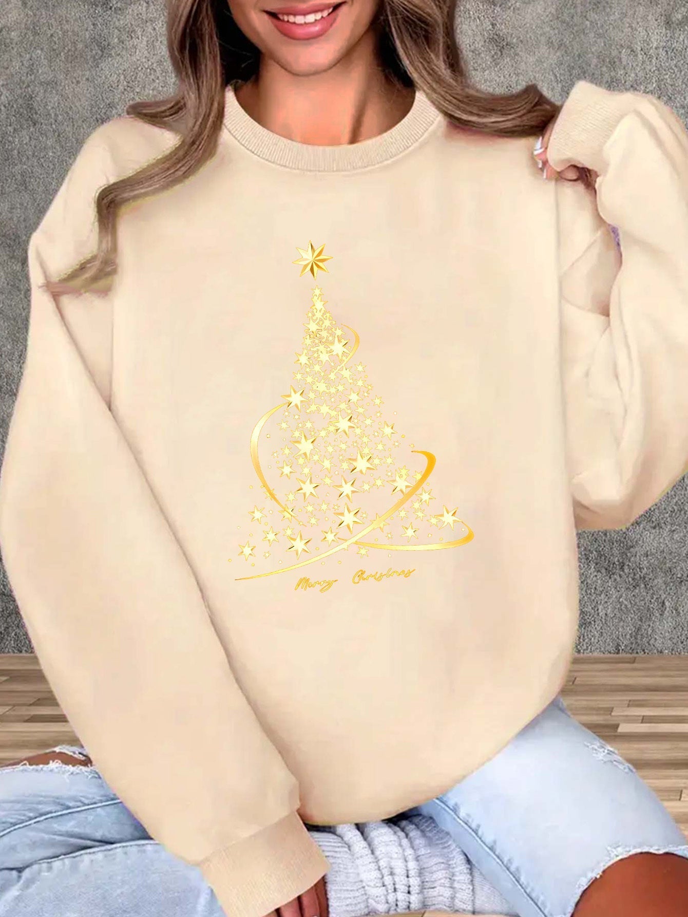 R&B | Jul Sweatshirt mit Print Baumwolle Goldener Weihnachtsbaum Design
