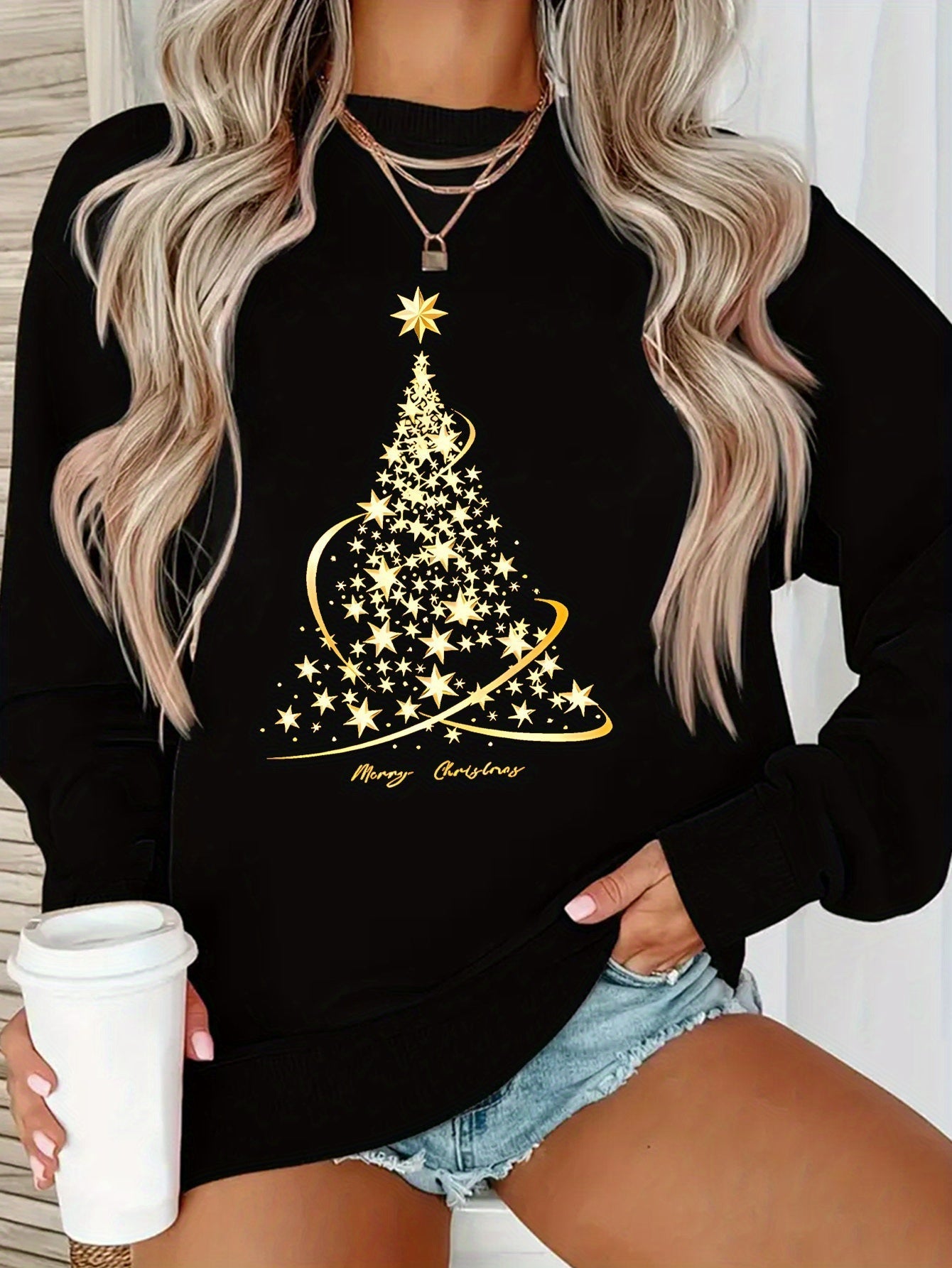 R&B | Jul Sweatshirt mit Print Baumwolle Goldener Weihnachtsbaum Design