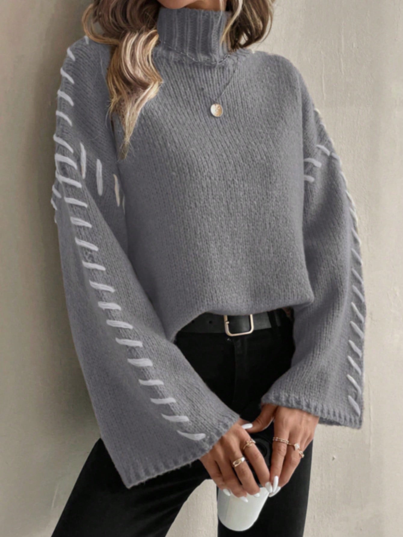 R&B | Damen Patchwork Strickpullover mit Kontrastierenden Farben und Rollkragen