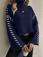 R&B | Damen Patchwork Strickpullover mit Kontrastierenden Farben und Rollkragen