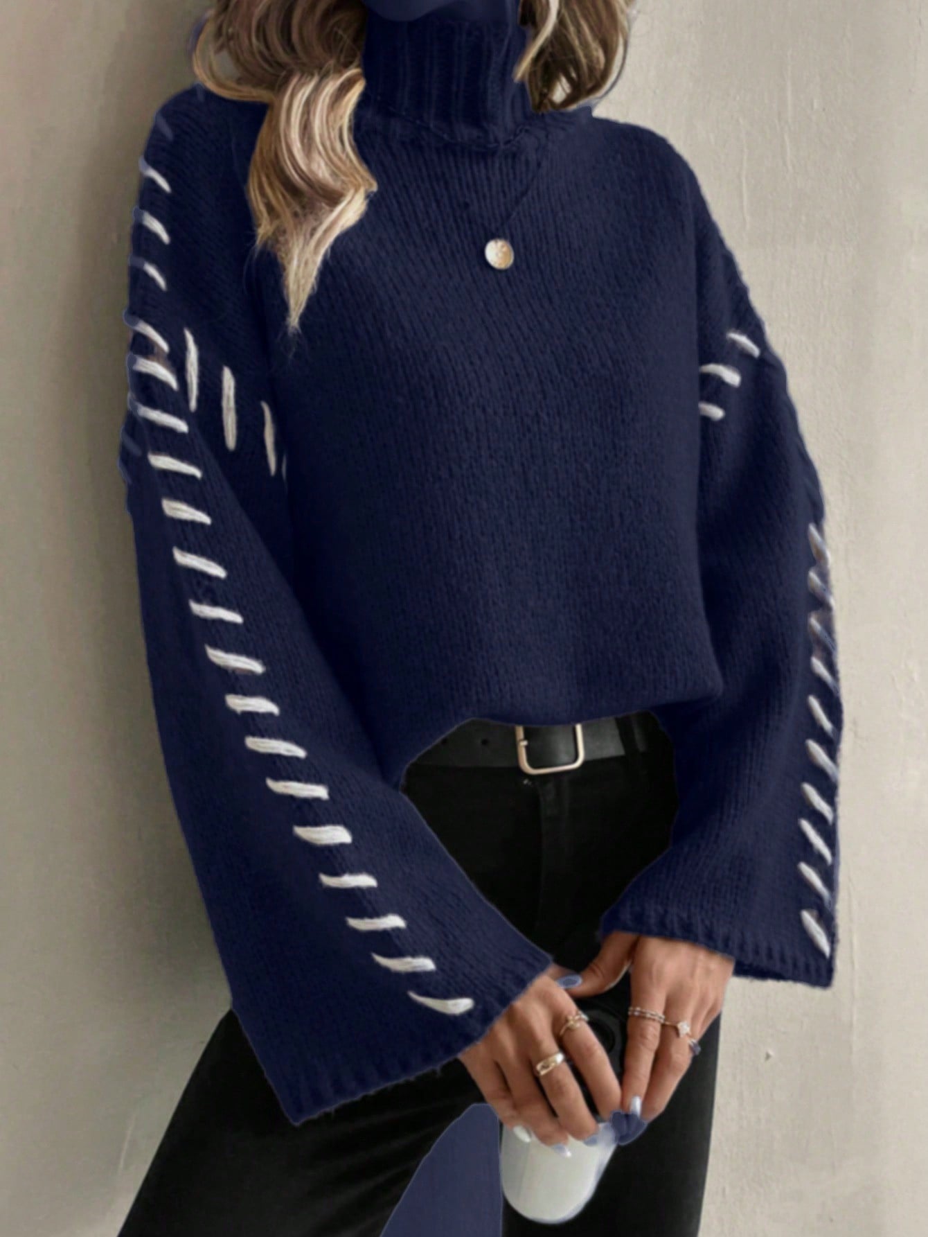 R&B | Damen Patchwork Strickpullover mit Kontrastierenden Farben und Rollkragen