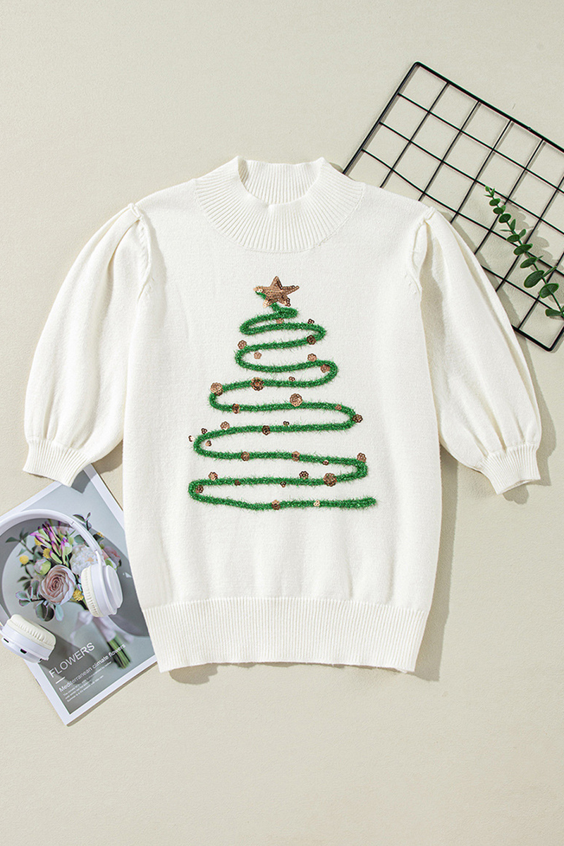 R&B | Lässiger Weihnachtsbaum Pailletten Patchwork Halber Turtleneck Pullover