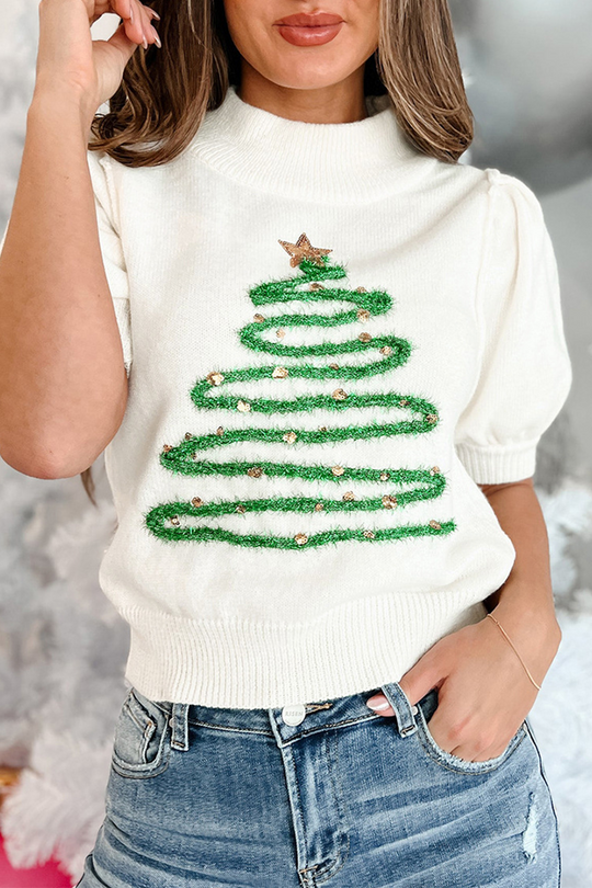 R&B | Lässiger Weihnachtsbaum Pailletten Patchwork Halber Turtleneck Pullover