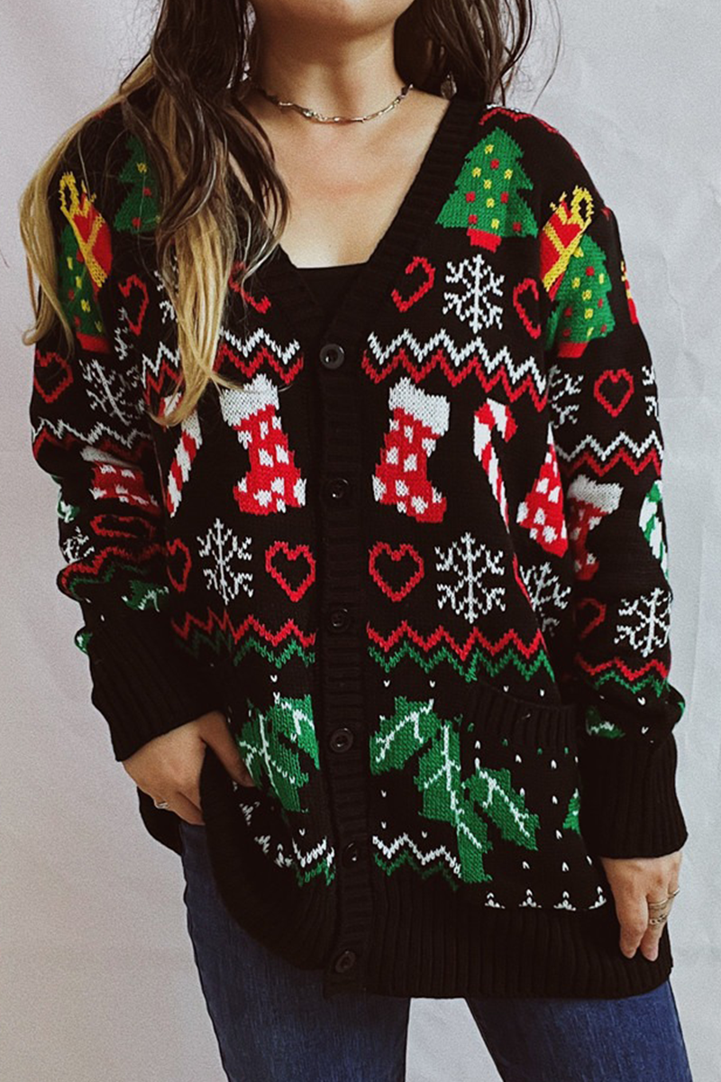 R&B | Casual Schneeflocken Weihnachtsbaum Knöpfe GewR&Be Kontrast V-Ausschnitt Oberbekleidung