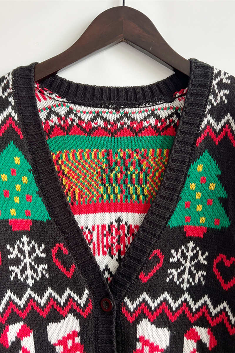 R&B | Casual Schneeflocken Weihnachtsbaum Knöpfe GewR&Be Kontrast V-Ausschnitt Oberbekleidung