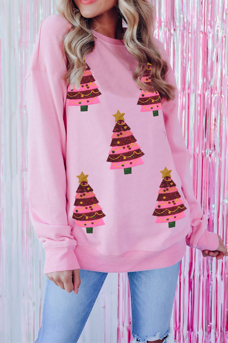 R&B | Lässiger Weihnachtbaum bestickte Pailletten Rundhalsausschnitt Sweatshirt
