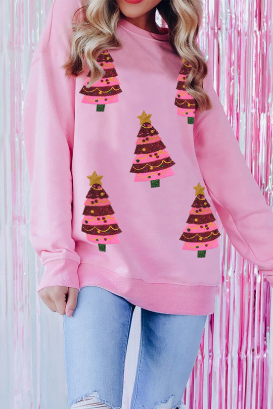 R&B | Lässiger Weihnachtbaum bestickte Pailletten Rundhalsausschnitt Sweatshirt