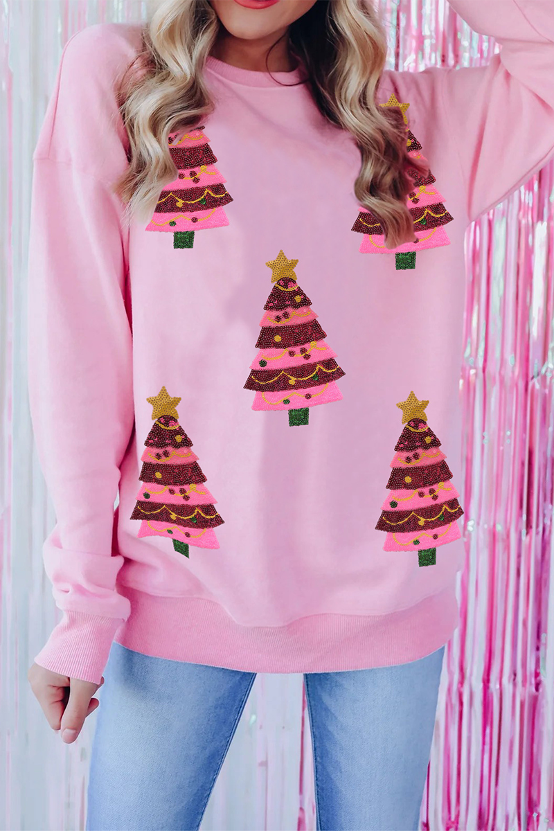 R&B | Lässiger Weihnachtbaum bestickte Pailletten Rundhalsausschnitt Sweatshirt