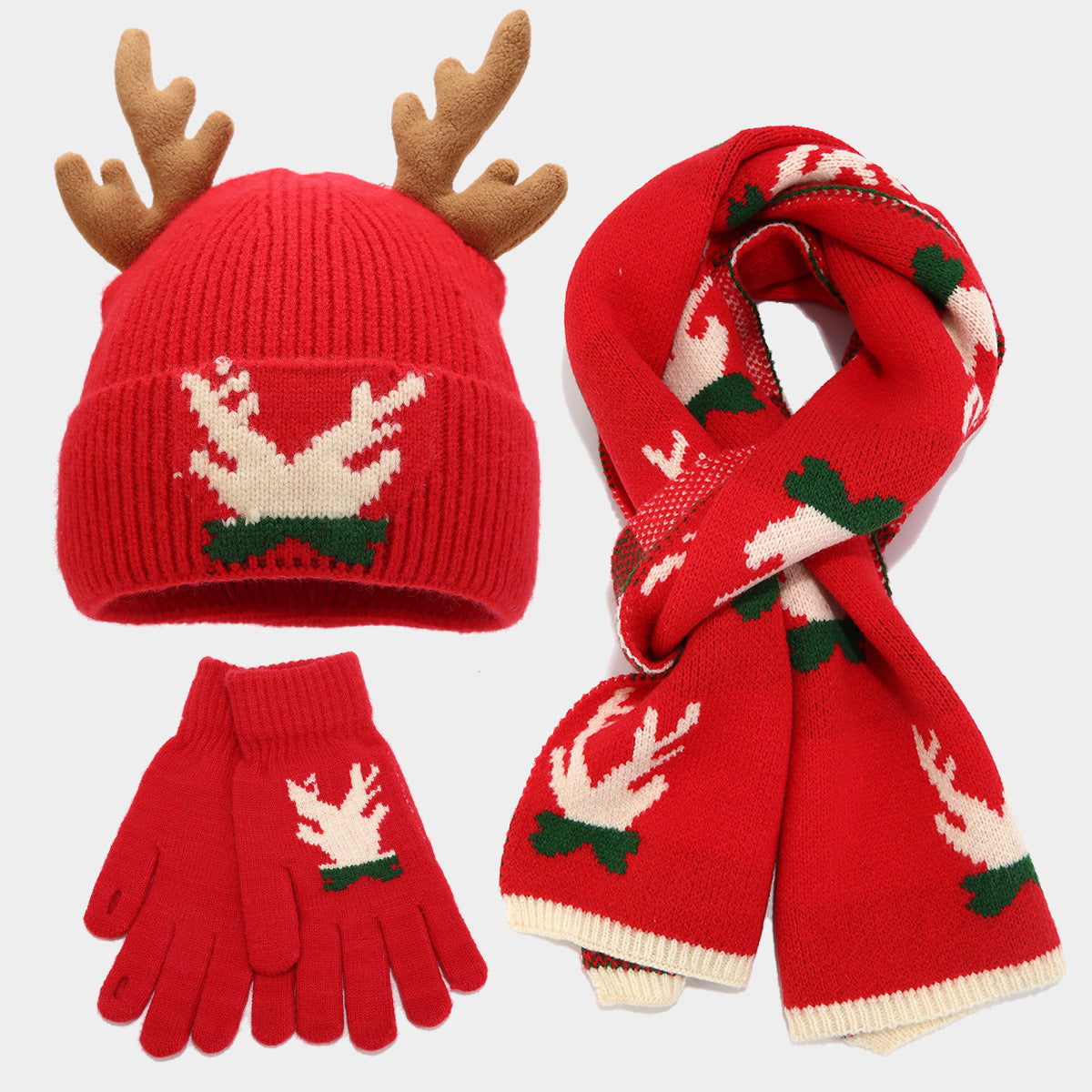 R&B | Weihnachtsrentier Geweih Schal Hut Handschuhe Dreiteiliges Set (3 Farben)