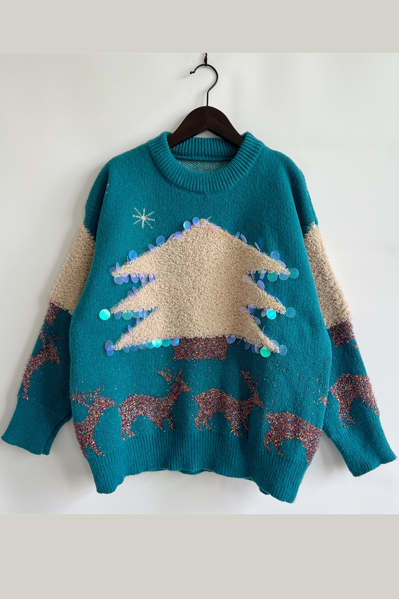 R&B | Lässiger Weihnachtsbaum Pailletten Patch Rundhals Pullover