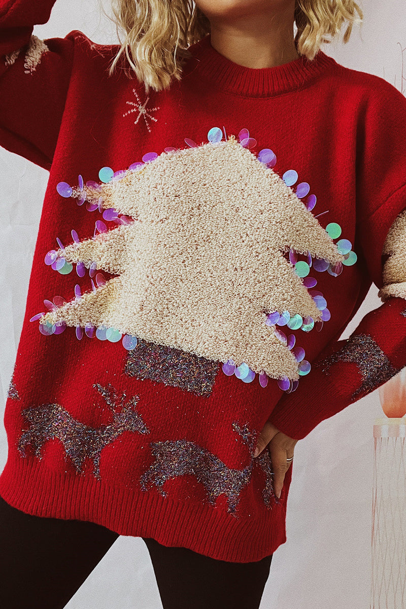 R&B | Lässiger Weihnachtsbaum Pailletten Patch Rundhals Pullover