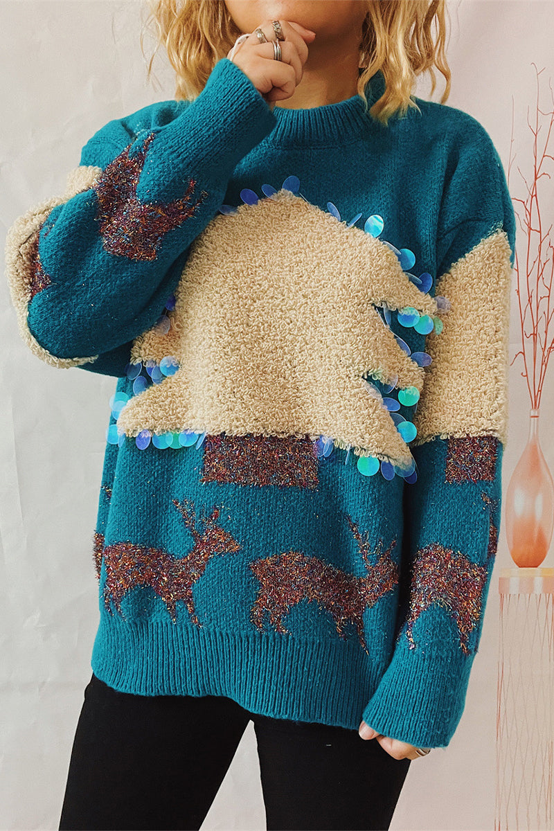 R&B | Lässiger Weihnachtsbaum Pailletten Patch Rundhals Pullover