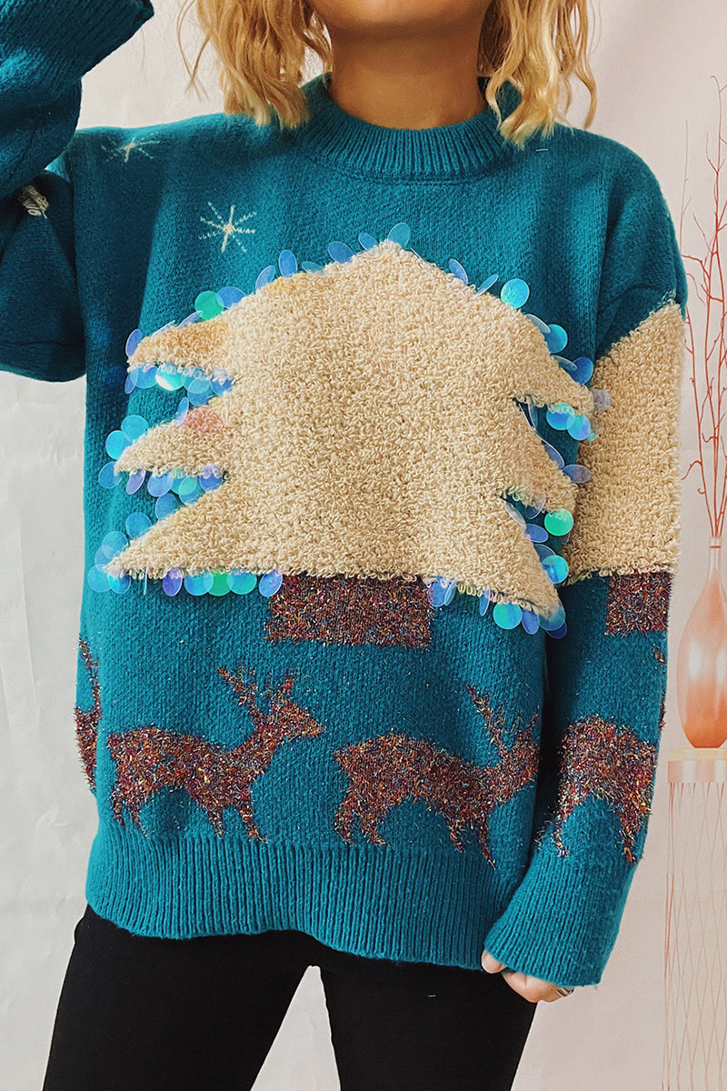 R&B | Lässiger Weihnachtsbaum Pailletten Patch Rundhals Pullover
