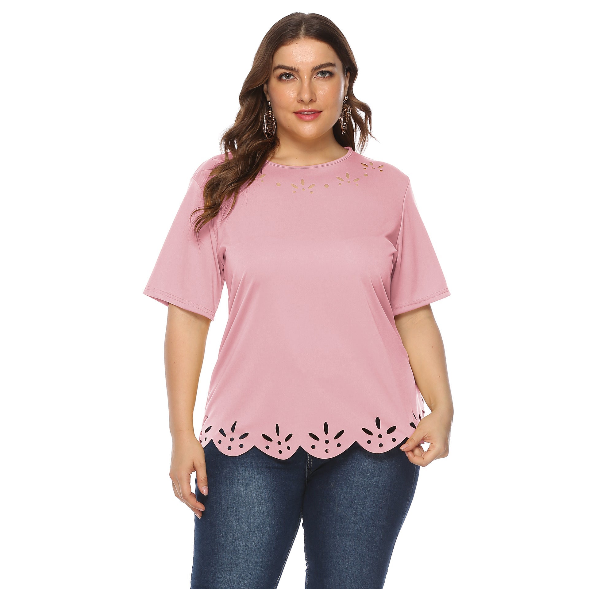 Damen lässiges T-Shirt mit kreativem Lochmuster R&B