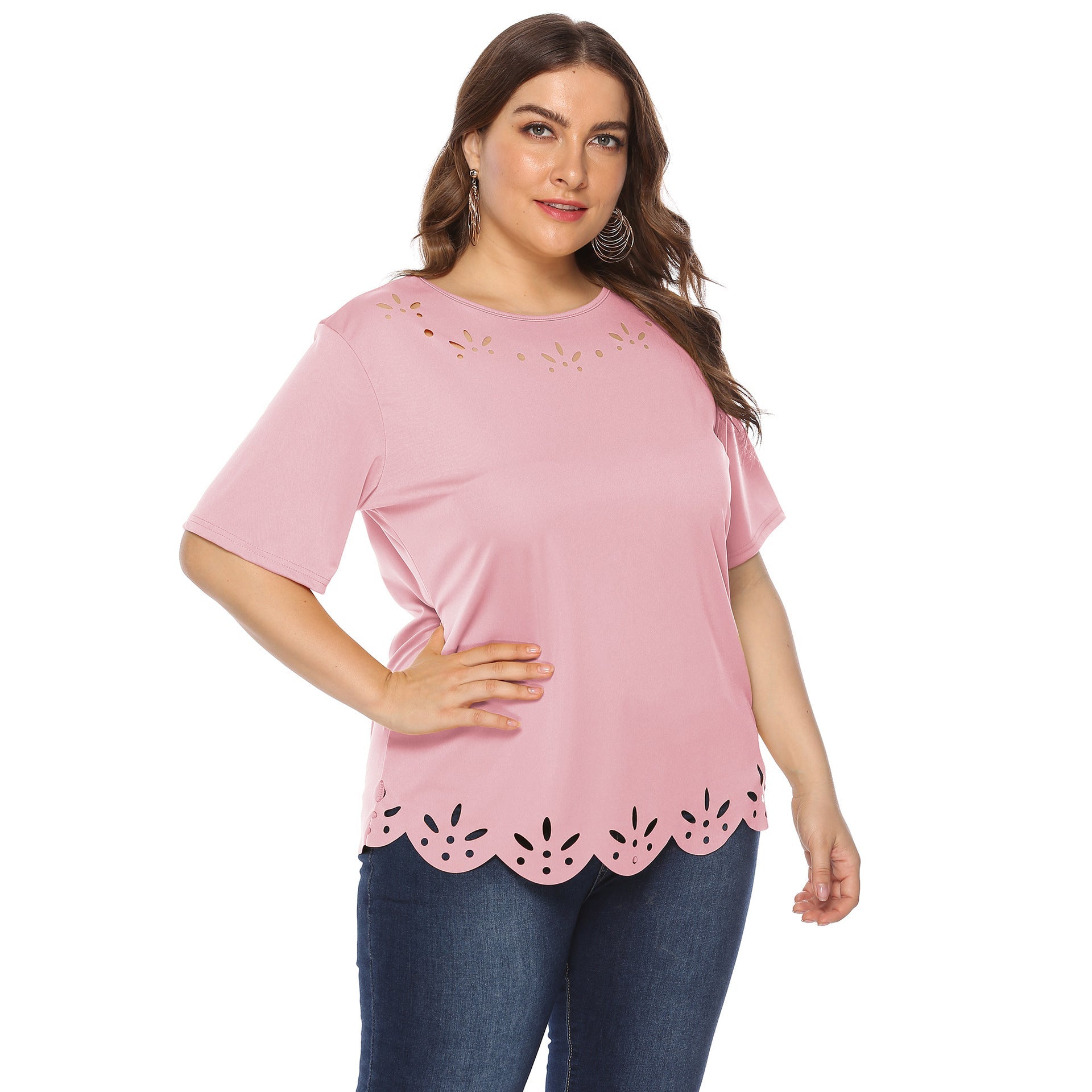 Damen lässiges T-Shirt mit kreativem Lochmuster R&B