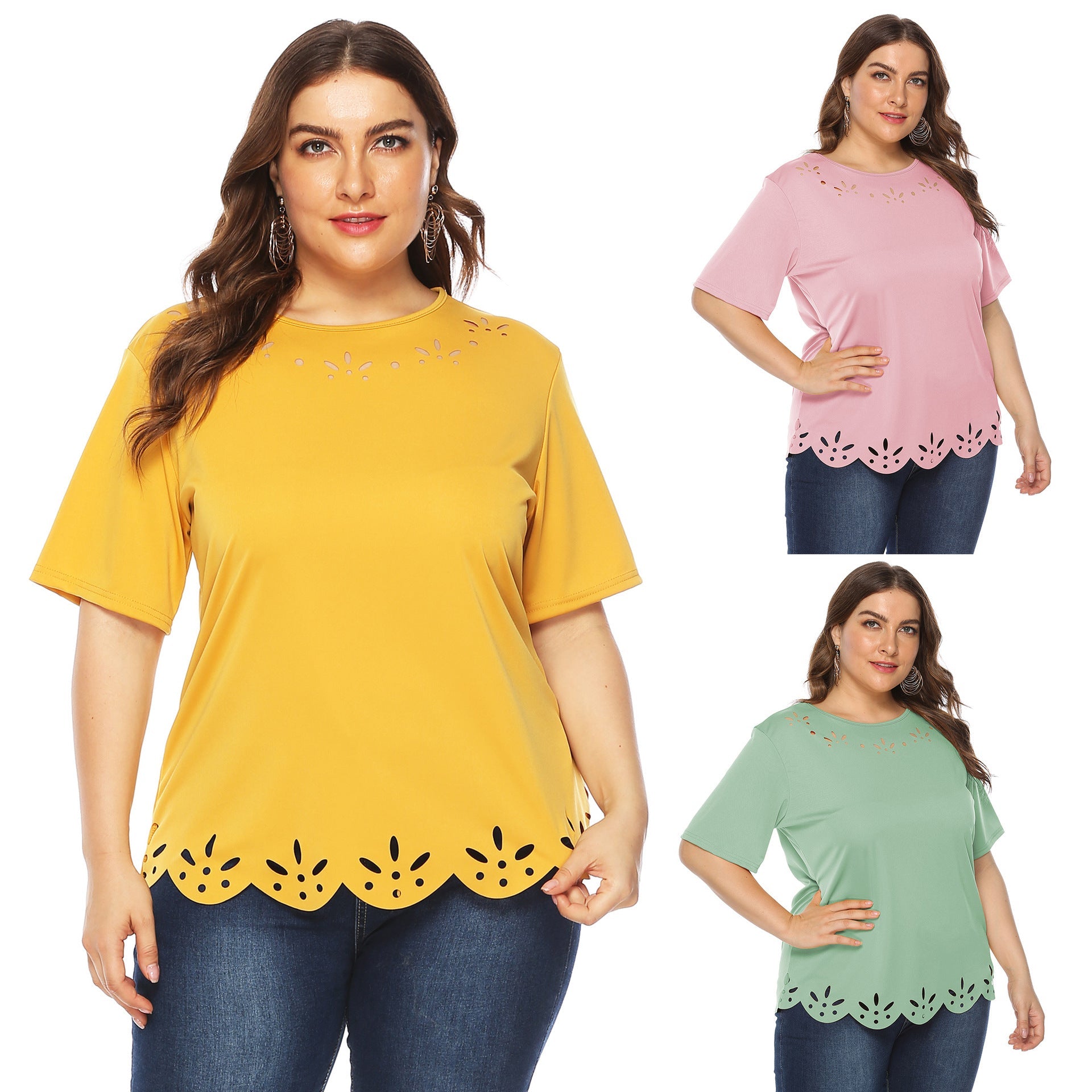 Damen lässiges T-Shirt mit kreativem Lochmuster R&B