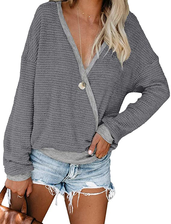 Damen lässiger V-Ausschnitt Pullover mit strukturierter Oberfläche R&B
