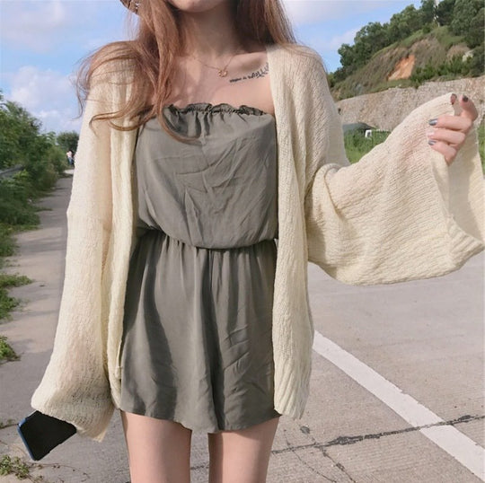 Damen lässiger Strickcardigan mit offener Front und weit geschnittenen Ärmeln R&B