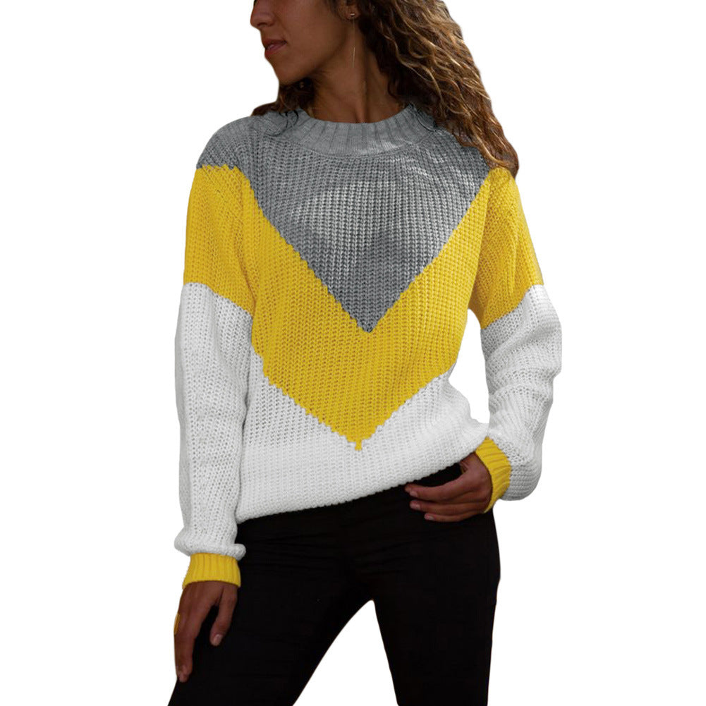 Damen Grobstrick Pullover mit modernem V-Ausschnitt und Farbblockdesign R&B
