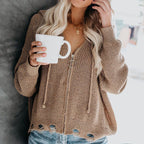 Damen V-Ausschnitt Strickpullover mit Reißverschluss R&B