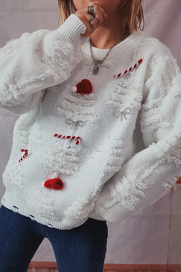 R&B | Handgemachter Perlen-Weihnachtsthema-Pullover dreidimensionaler dekorativer Pullover