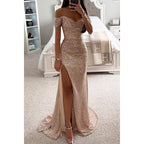 Glitzerndes Damen Abendkleid Schulterfreies Maxikleid mit Schlitz für Hochzeit & Fest | R&B