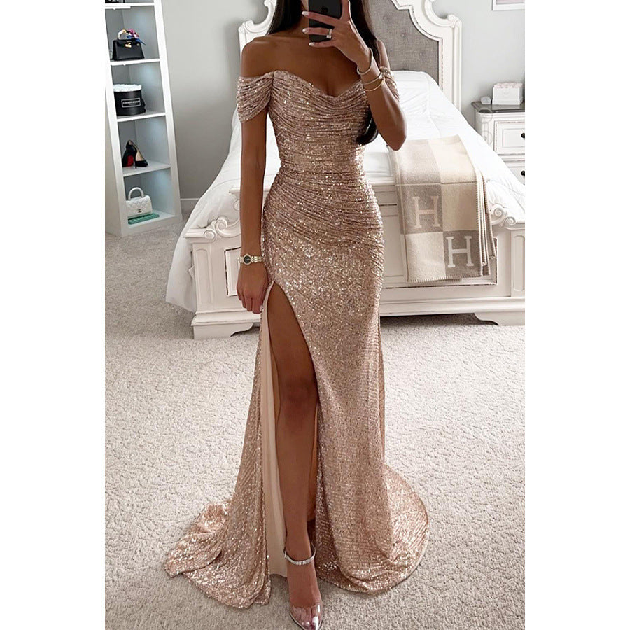 Glitzerndes Damen Abendkleid Schulterfreies Maxikleid mit Schlitz für Hochzeit & Fest | R&B