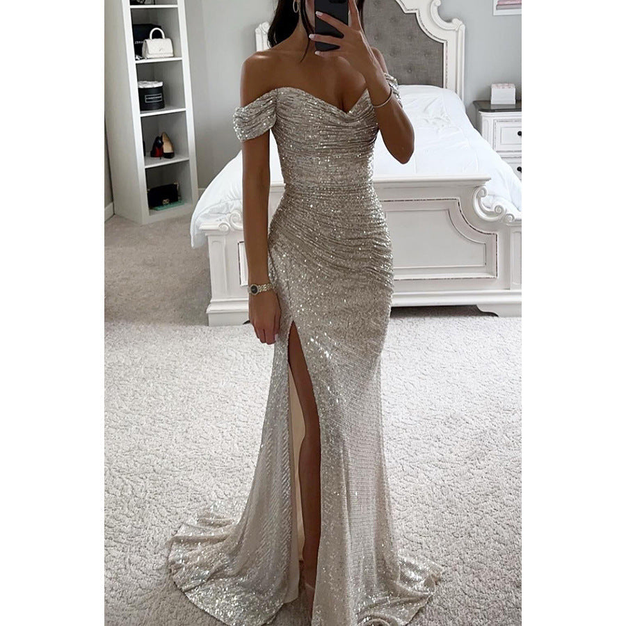Glitzerndes Damen Abendkleid Schulterfreies Maxikleid mit Schlitz für Hochzeit & Fest | R&B
