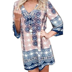 Damen lässiges Kurzes Kleid mit buntem Mandala-Muster und ausgestellten Ärmeln R&B