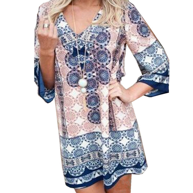 Damen lässiges Kurzes Kleid mit buntem Mandala-Muster und ausgestellten Ärmeln R&B