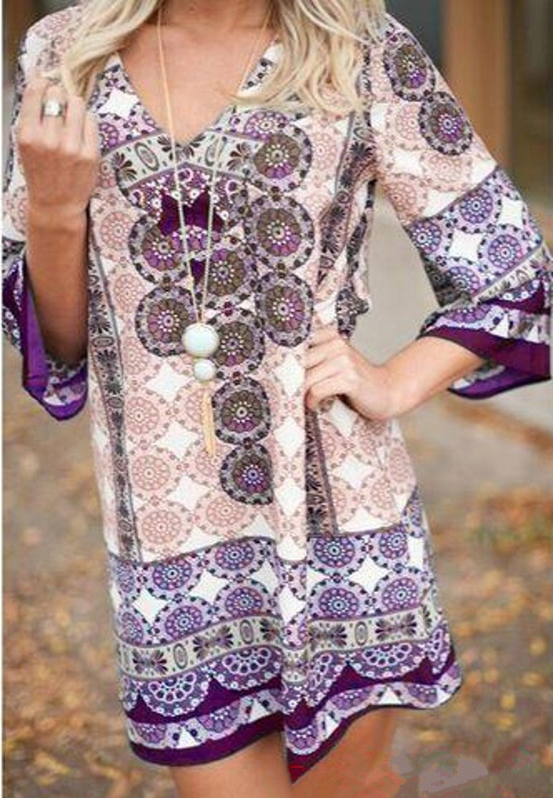 Damen lässiges Kurzes Kleid mit buntem Mandala-Muster und ausgestellten Ärmeln R&B