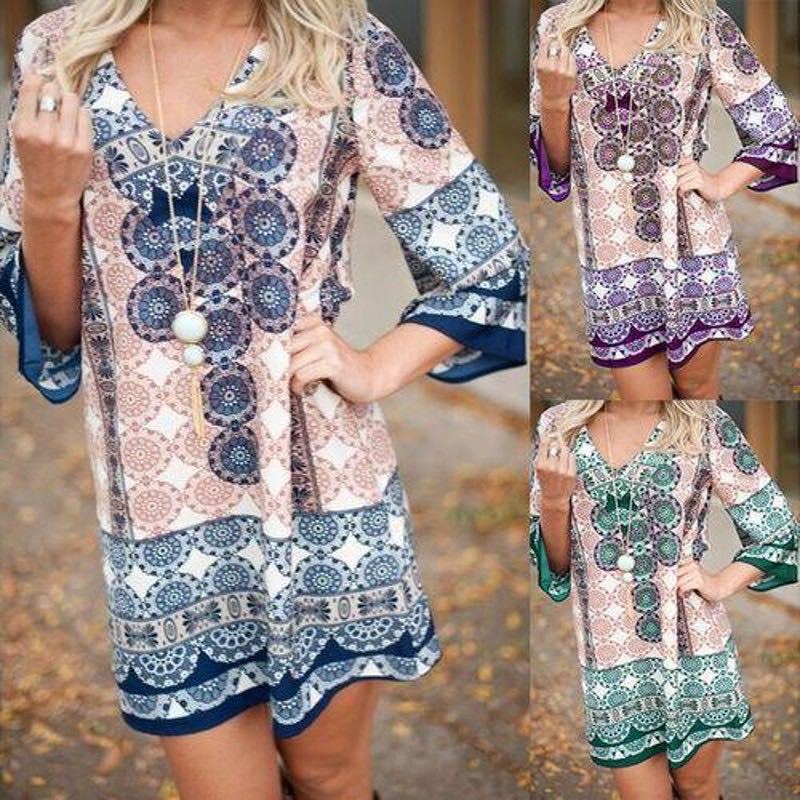 Damen lässiges Kurzes Kleid mit buntem Mandala-Muster und ausgestellten Ärmeln R&B