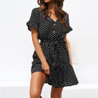 Damen Polka-Dots Kleid mit Schritt-für-Schritt Knopfverschluss und taillierendem Gürtel R&B