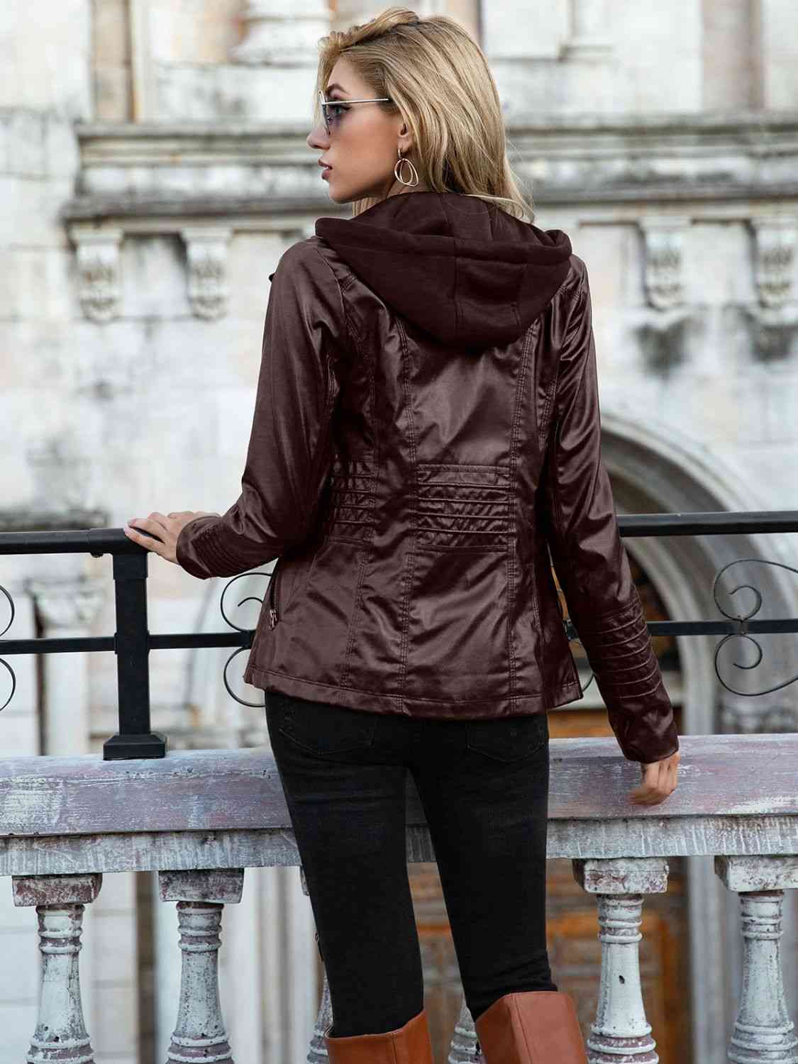 R&B | PU-Jacke mit Kapuze und durchgehendem Reißverschluss