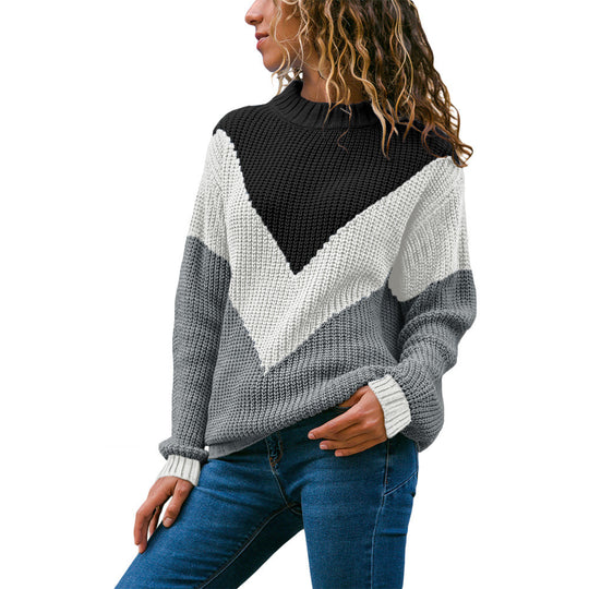 Damen Grobstrick Pullover mit modernem V-Ausschnitt und Farbblockdesign R&B