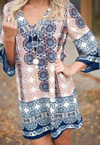 Damen lässiges Kurzes Kleid mit buntem Mandala-Muster und ausgestellten Ärmeln R&B