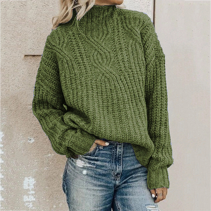 Damen Grobstrickpullover mit hohem Kragen und Zopfdesign R&B