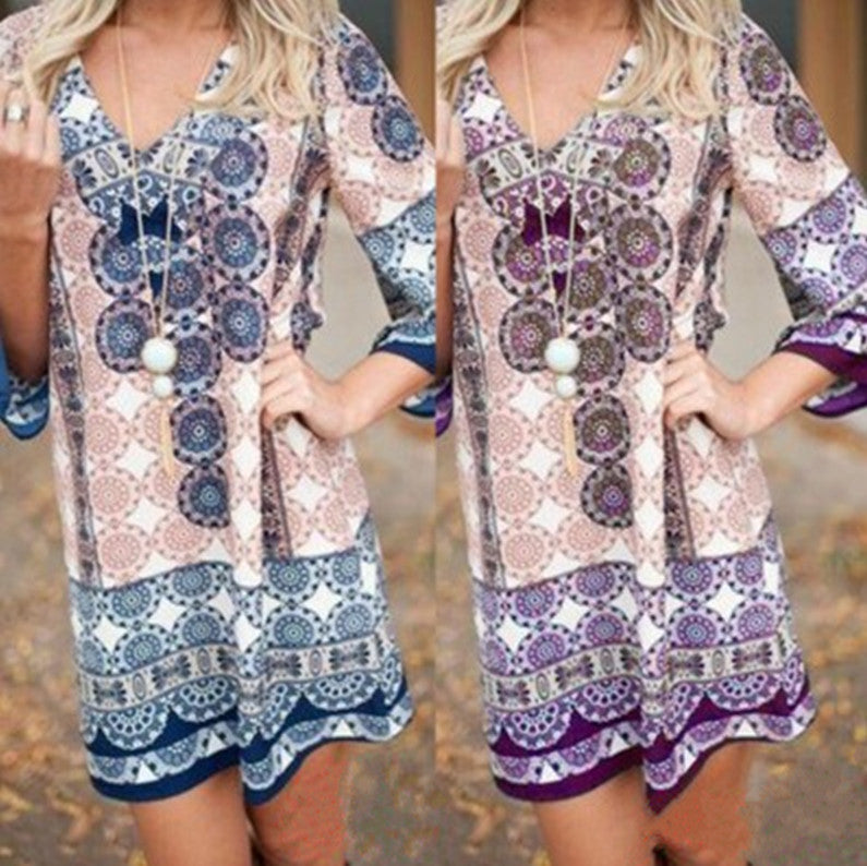 Damen lässiges Kurzes Kleid mit buntem Mandala-Muster und ausgestellten Ärmeln R&B