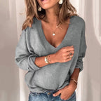 Damen lockerer Strickpullover mit V-Ausschnitt und überschnittenen Schultern R&B