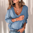 Damen lockerer Strickpullover mit V-Ausschnitt und überschnittenen Schultern R&B